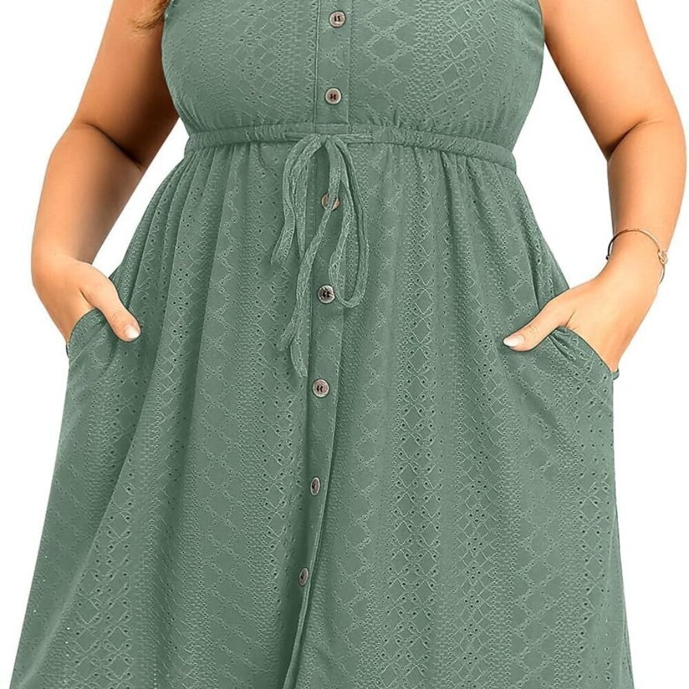 Plus Size Summer Dress Eyelet Tank V Neck Button Pockets Swing Casual